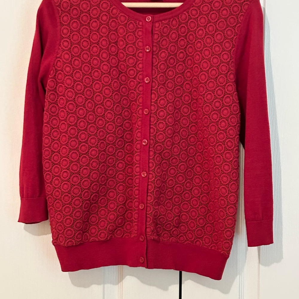 Ann Taylor crocheted sweater with three-quarter sleeves in cranberry red